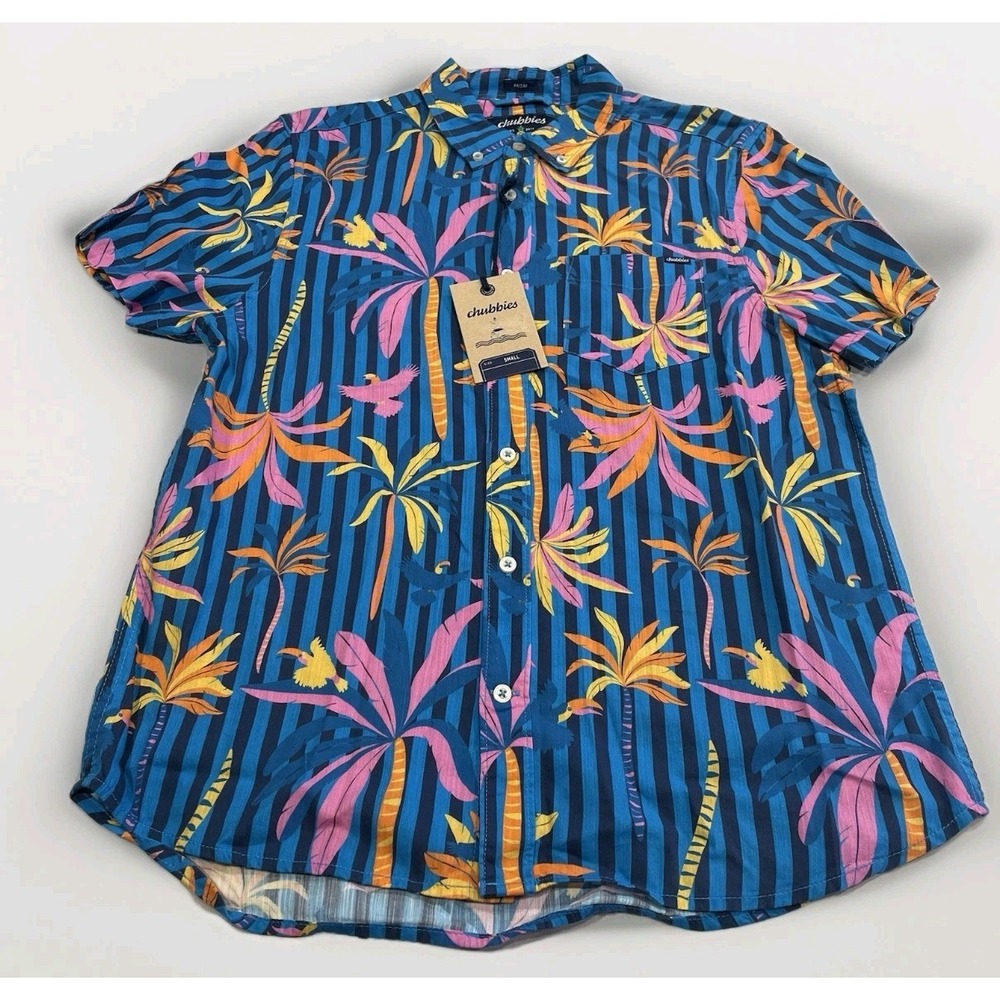Chubbies Mens The Friday Shirt Tropical Palm Toucan Stripe Blue Small